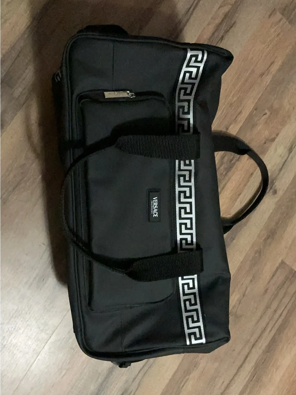 Versace Black Duffel Bag with Silver Greek Key Trim